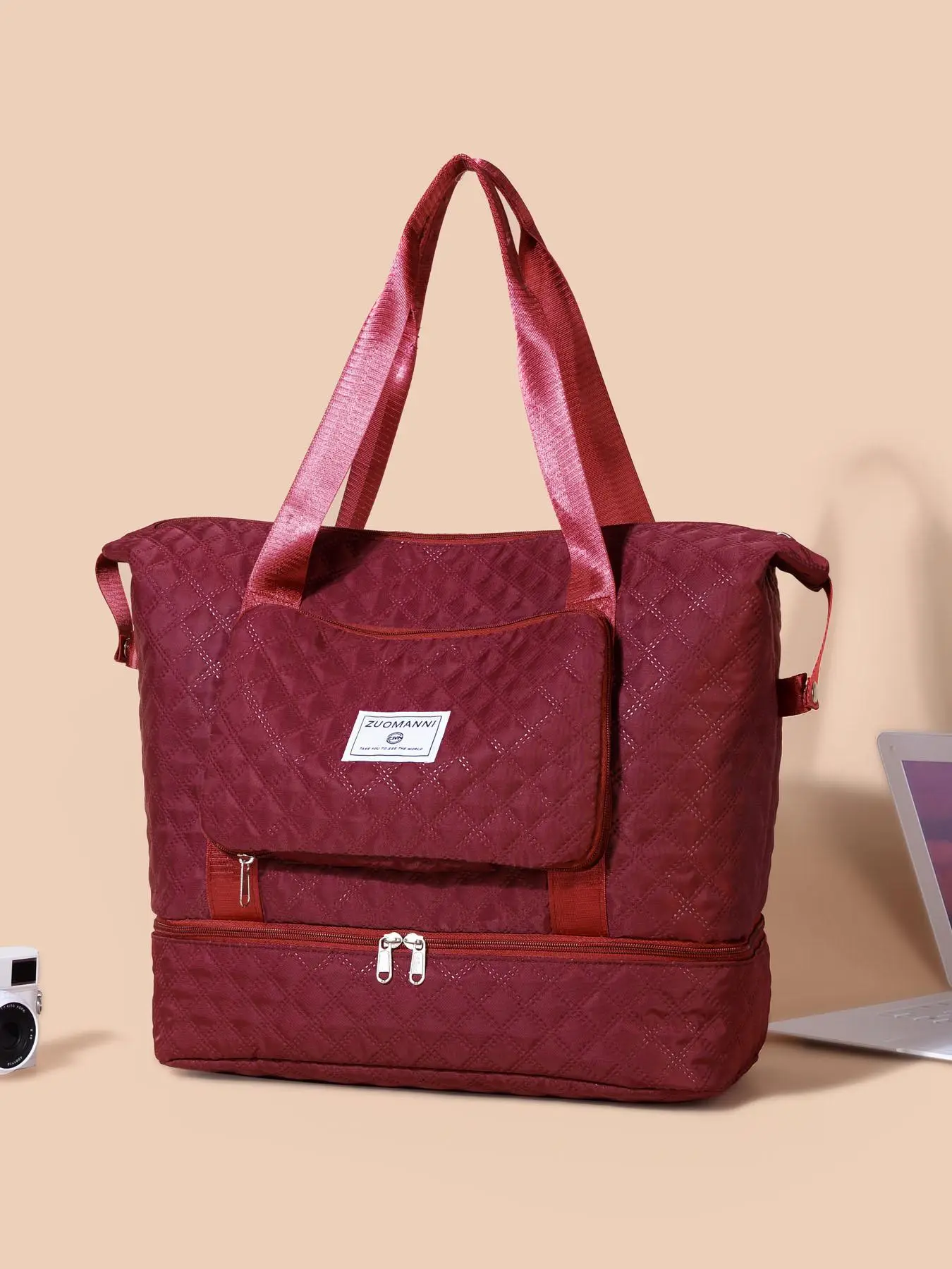 Minimalist Plain Color Embossed Travel Bag, Large Capacity Short-distance Business Trip Luggage Bag, Foldable Tote Training Bag with Zipper & Pockets