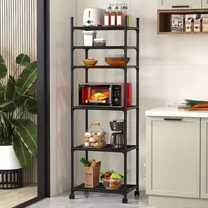 6-Tier Rolling Microwave Cart with Wheels, Metal Kitchen Storage Rack, Tall Pantry Organizer, Freestanding Shelving Unit, Multilayer Shelf for Living Room, Bathroom, and Laundry, Black