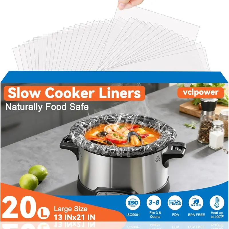 20 Pack Slow Cooker Liners, Large 13"x21" Thick FDA-Compliant BPA-Free Disposable Cooking Bags, 400°F Heat-Resistant Leak-Proof for 3-8 Qt Oval & Round Pots, Easy Cleanup, Less Work, Effortless Cooking, Reduces Scrubbing for Family Gatherings