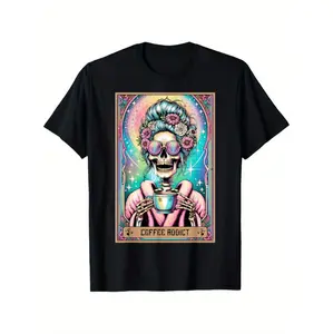 Golf Gift T-Shirt For Men And Women Coffee Addict Tarot Skull Graphic Tee Premium Soft Cotton Breathable Mens Casual Streetwear Round Neck Top For All Seasons