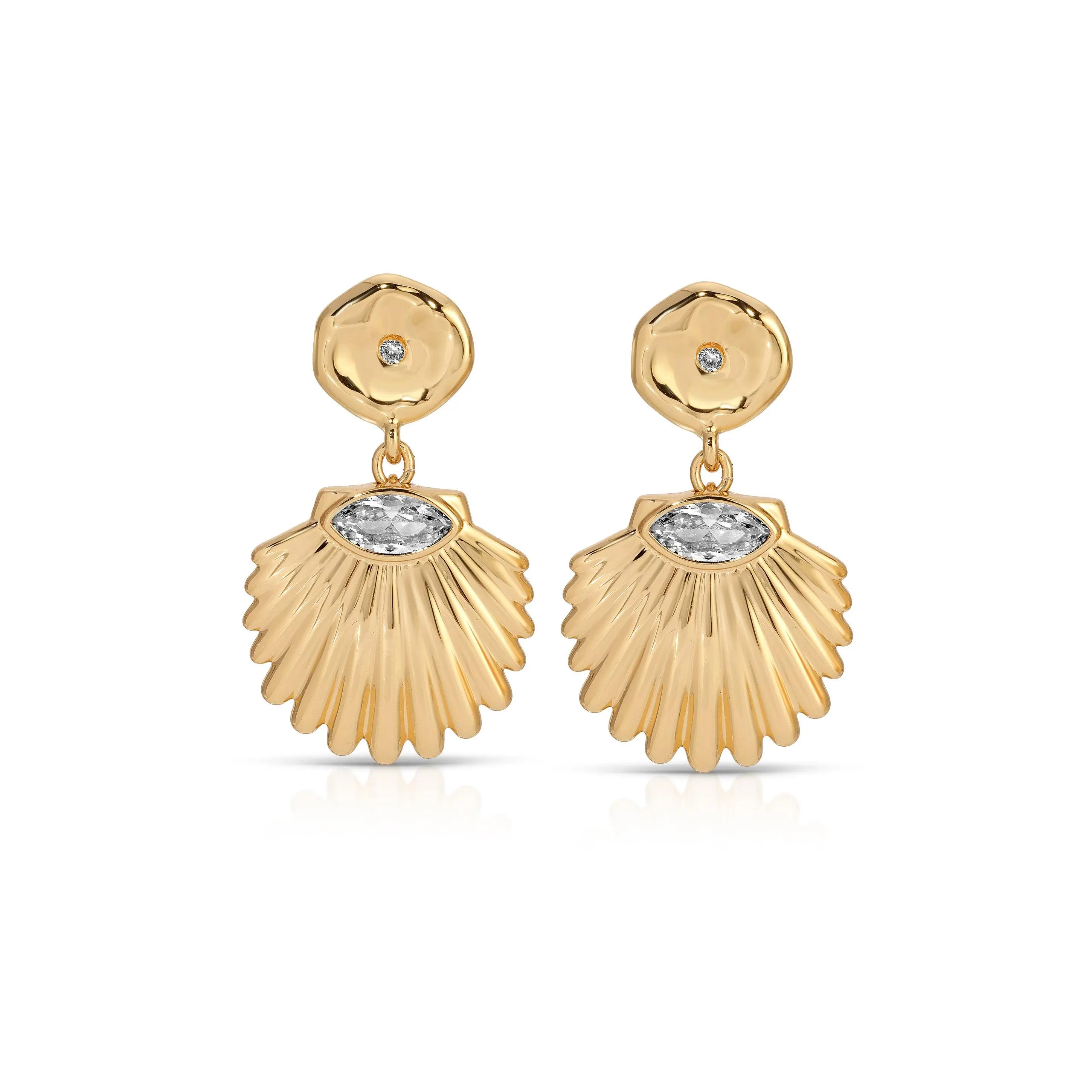 Ettika Santorini Shell Drop Earrings 18k Gold Plated Zinc Brass Cubic Zirconia 1.5" Post Closure Jewelry