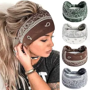 Boho Headbands for Women Fashion Wide Hairbands Knotted Headwarp Non Slip Bandana Stretchy Yoga Workout Sweat Band Paisley Print Turban Trendy Head Bands for Women's Hair Accessories 4 Pack