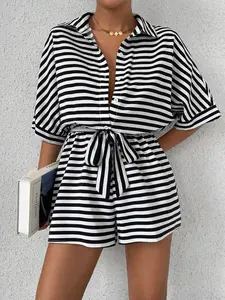 Tie Waist Half Button Striped Romper - Lightweight Polyester, Chic Style for Versatile Occasions, Elegant Design, Care Instructions: Machine Wash Cold - Jumpsuits, Overalls, Womenswear, Comfort Casual