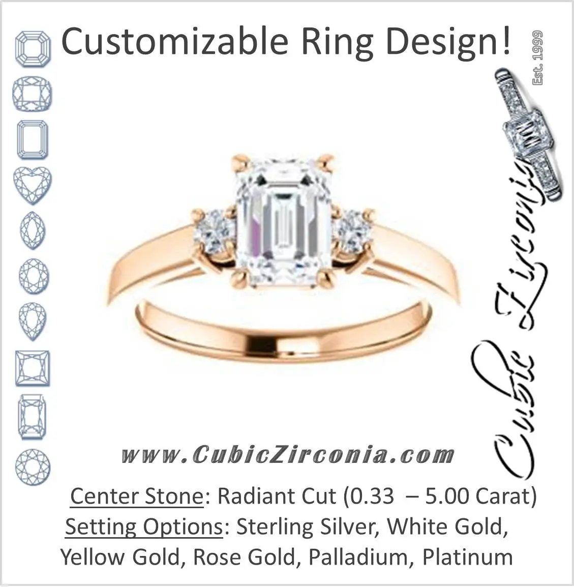 Cubic Zirconia Engagement Ring- The Jacqueline (Customizable Radiant Cut 3-stone with Thin Band and Dual Round Prong Accents)