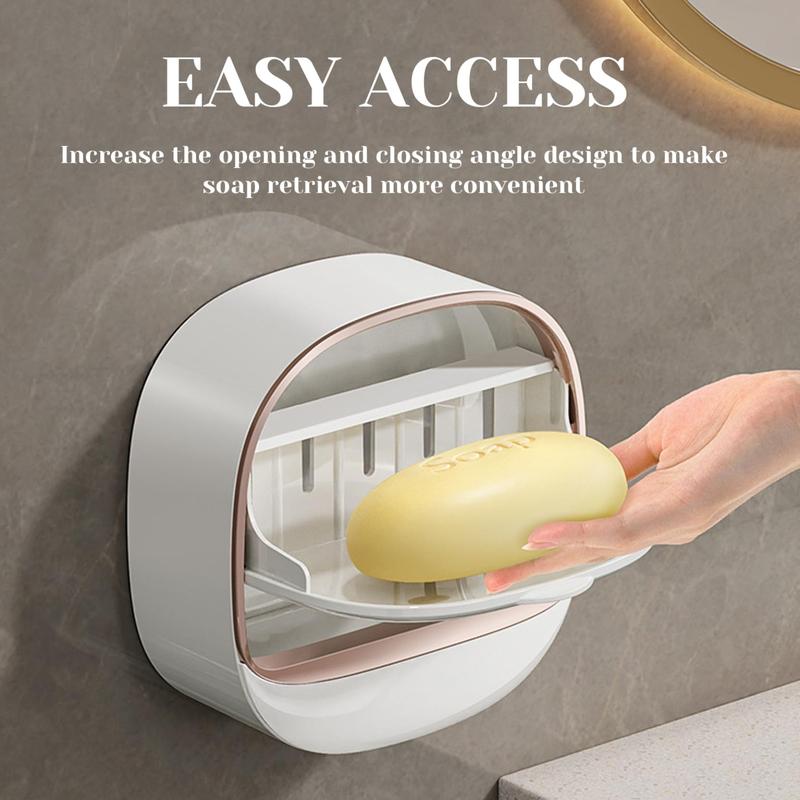 Soap Dish with Drainage Box, Antimicrobial Wall Mounted Soap Holder for Shower, Keep Soap Bars Dry, Waterproof Soap Box with Flip Lid for Shower Bathroom Home Goods White