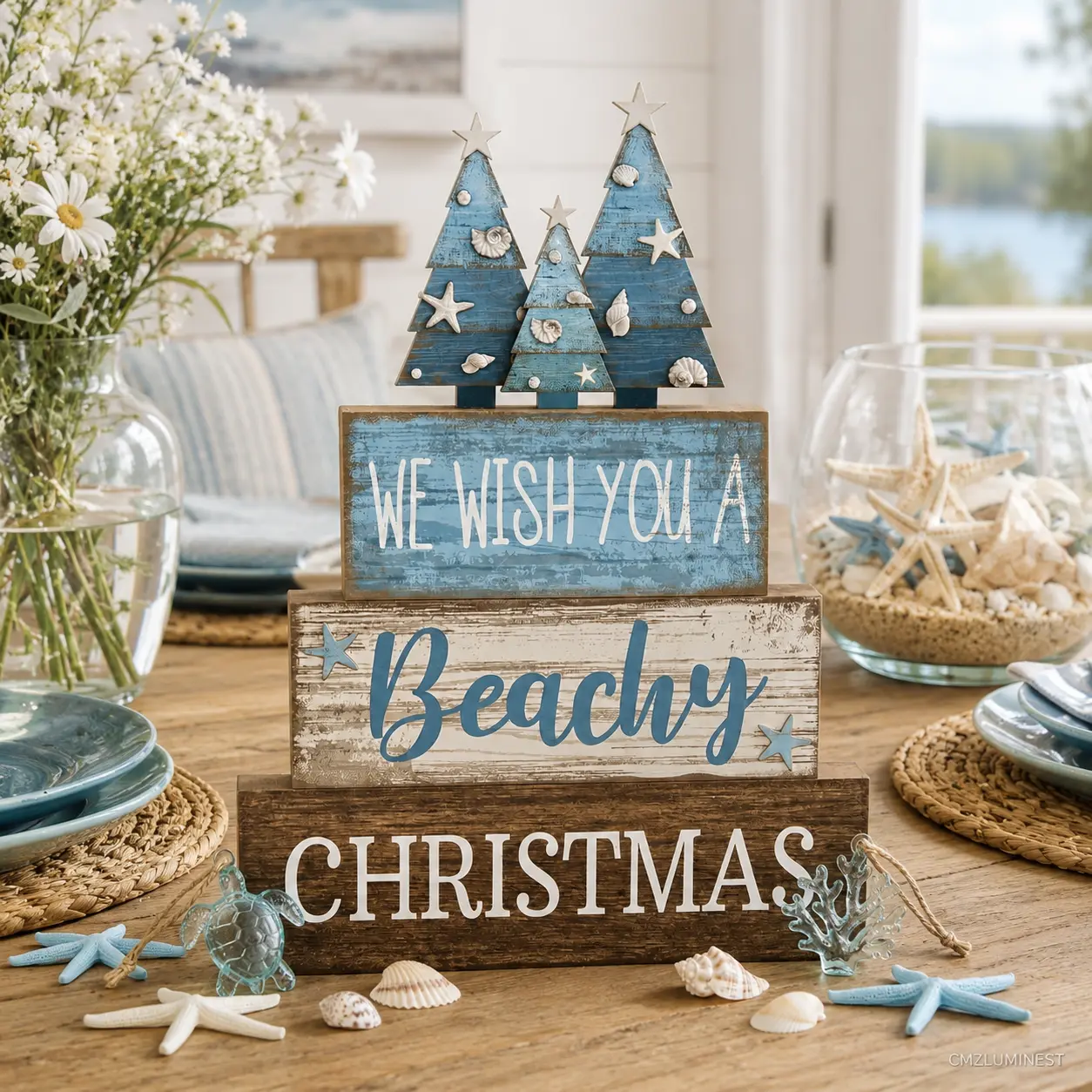 4-Piece Blue Coastal Christmas Ornaments - Beach Wooden Stacking Signs with Shell, Starfish Accents, Rustic Table Decor for Home, Mantel, Ornaments Christmas