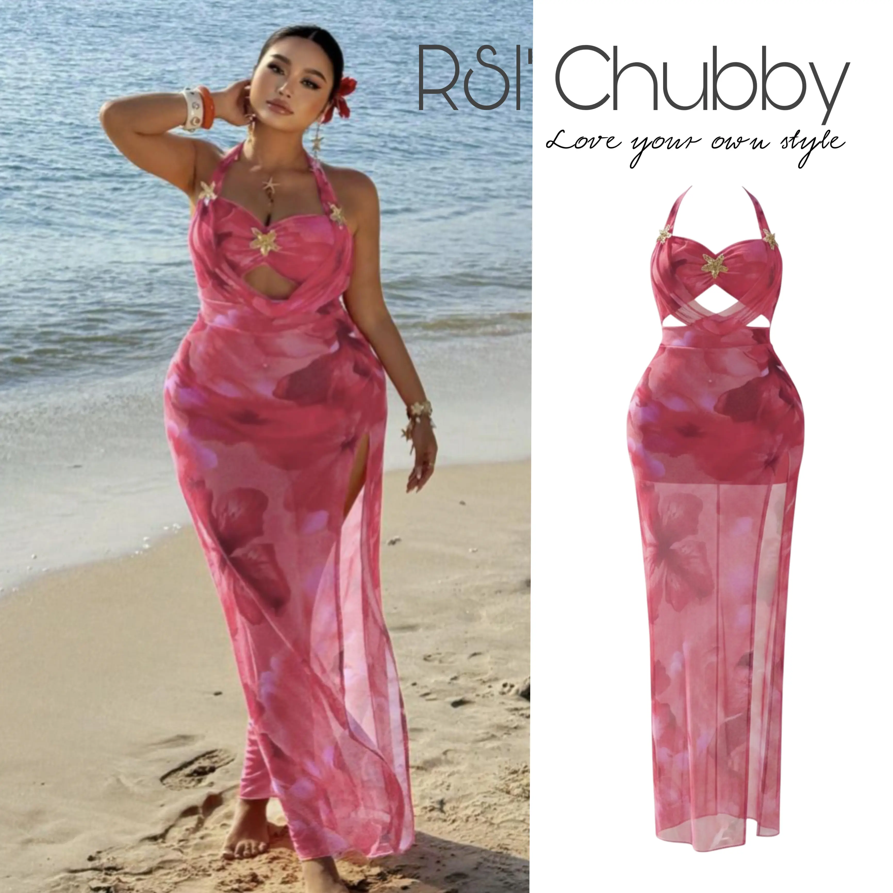 Plus Size Curvy Women's Halter Backless Mesh Tropical Floral Print Maxi Dress, High Slit Sexy Beach Vacation Resort Wear Sundress, TikTok Trendy