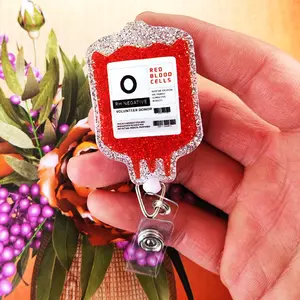 Blood Theme ID Badge Holder, Glitter Blood Bag Design, O Type Blood Expandable Structure with Transparent Card Clip, Glitter Finish, Visibility