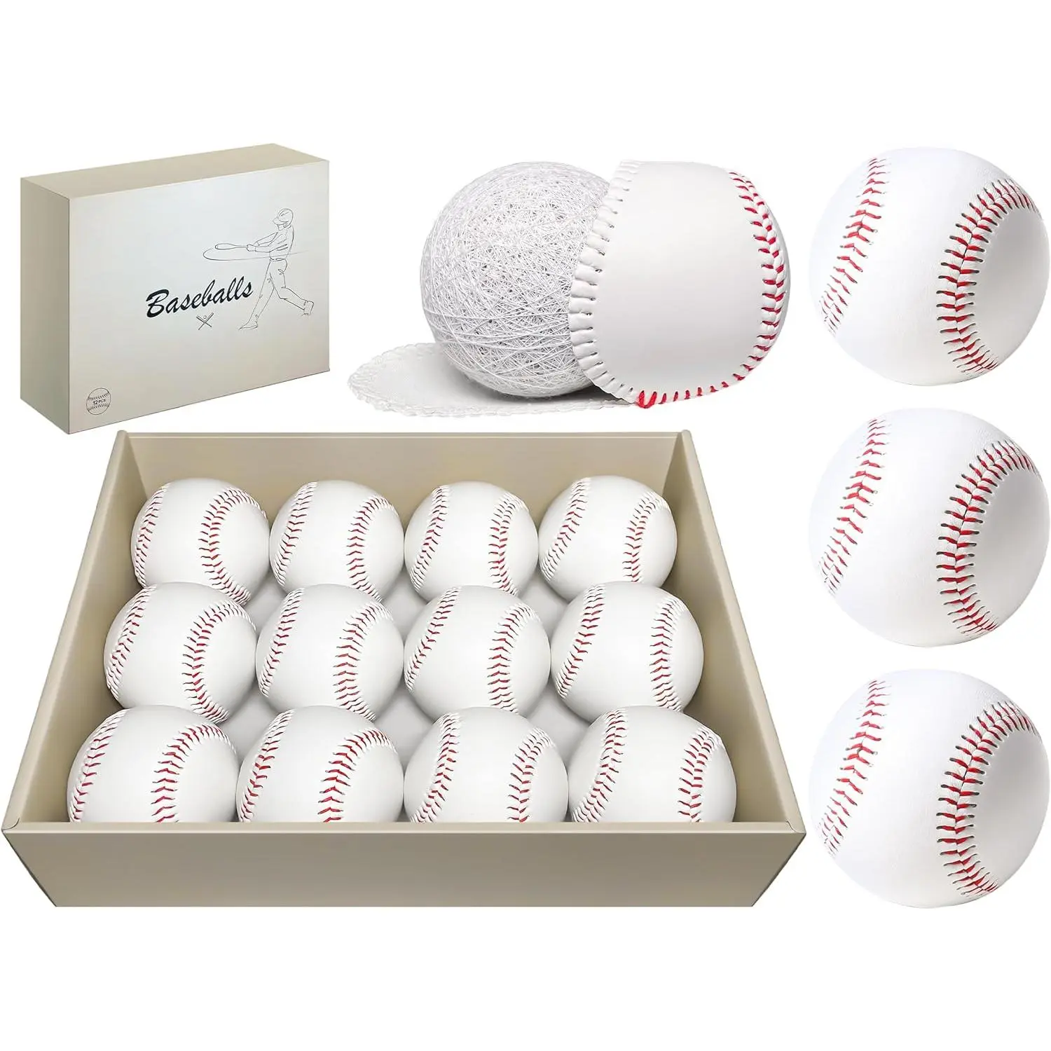 Bucket of Baseballs - 12/24 Pack Standard Size Adult  Balls for Pitching, Hitting, Fielding - Unmarked & Leather Covered Practice Baseballs -  for Youth Baseball