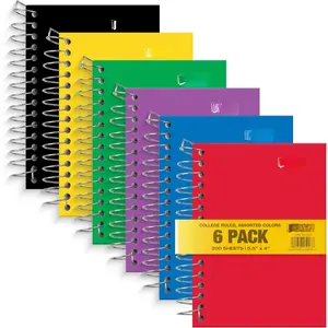 Book Spiral Notebooks, 6 Pack, Small Notebooks with Poly Plastic Covers, 5.5 x 4 inches, 1-Subject, College Rule, 200 Sheets, 6 Assorted Primary Colors, 6 Count