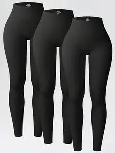 3pcs High Waist Sports Leggings, Running Workout Fitness Yoga Pants Tight Gym Pants for Women High Waisted Soft Workout Leggings high-elastic ribbed solid color