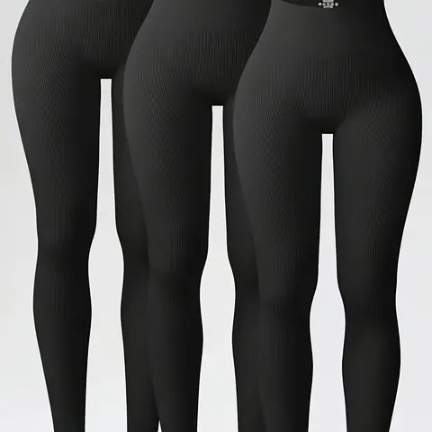 Women's 3pcs Tight High-Waisted Ribbed Knitting Nylon-Elastane Blend Lightweight Stretch Plain Sports Leggings - Dark Aesthetic Sportswear for Running, Gym Workout