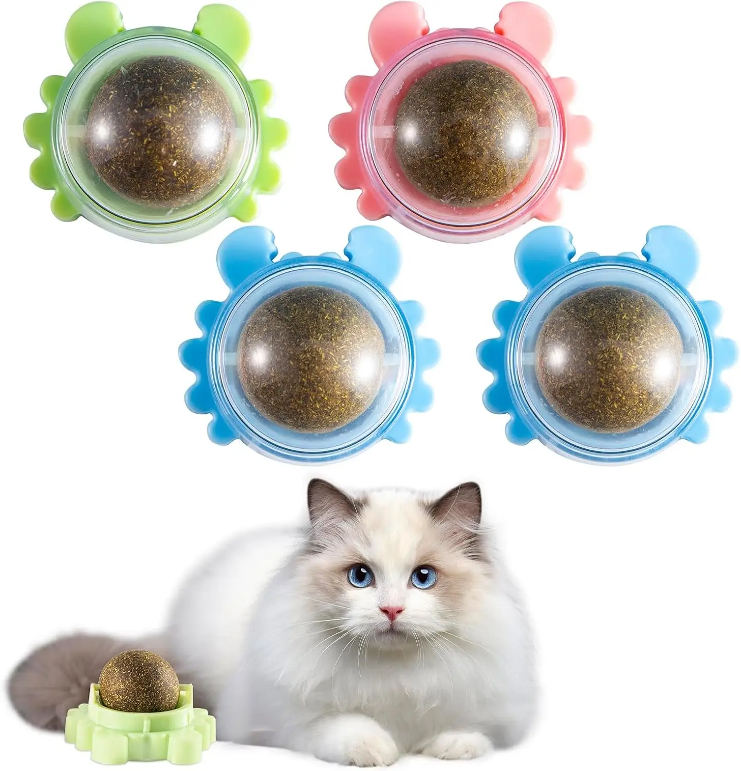 4 Pack Catnip Ball Toy 360° Cat Nips for Cats Cat Crack Balls Wall Catnip Rollerball Lickable Play Chew Teeth Cleaning Mint Magic Stick on Wall