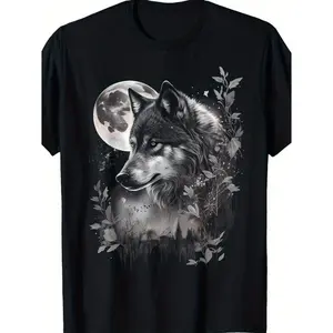 Artistic Black White Wolf Moon Forest Graphic Tee 100% Cotton Breathable Unisex Men Women Casual Short Sleeve T-Shirt