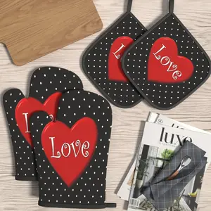 4pcs Oven Mitts And Potholders Red Love Heart Print Heat Resistant Oven Mitts And Pot Holders Sets Suitable For Grilling, Cooking, Baking, Broiling, Microwave And Kitchen Decoration Gifts