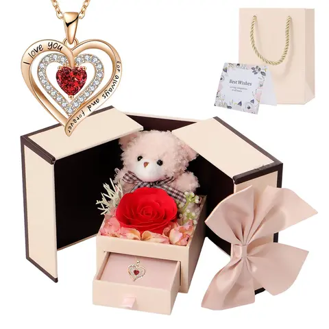 Creative Artificial Rose Bear Gift Box with Heart-shaped Pendant Necklace, Romantic Bracelet Gift Set with Gift Bag & Greeting Card for Birthdays, Style Gift for Women, Valentine's Day Gift, Gifts for birthday, Jewelry, Beautiful