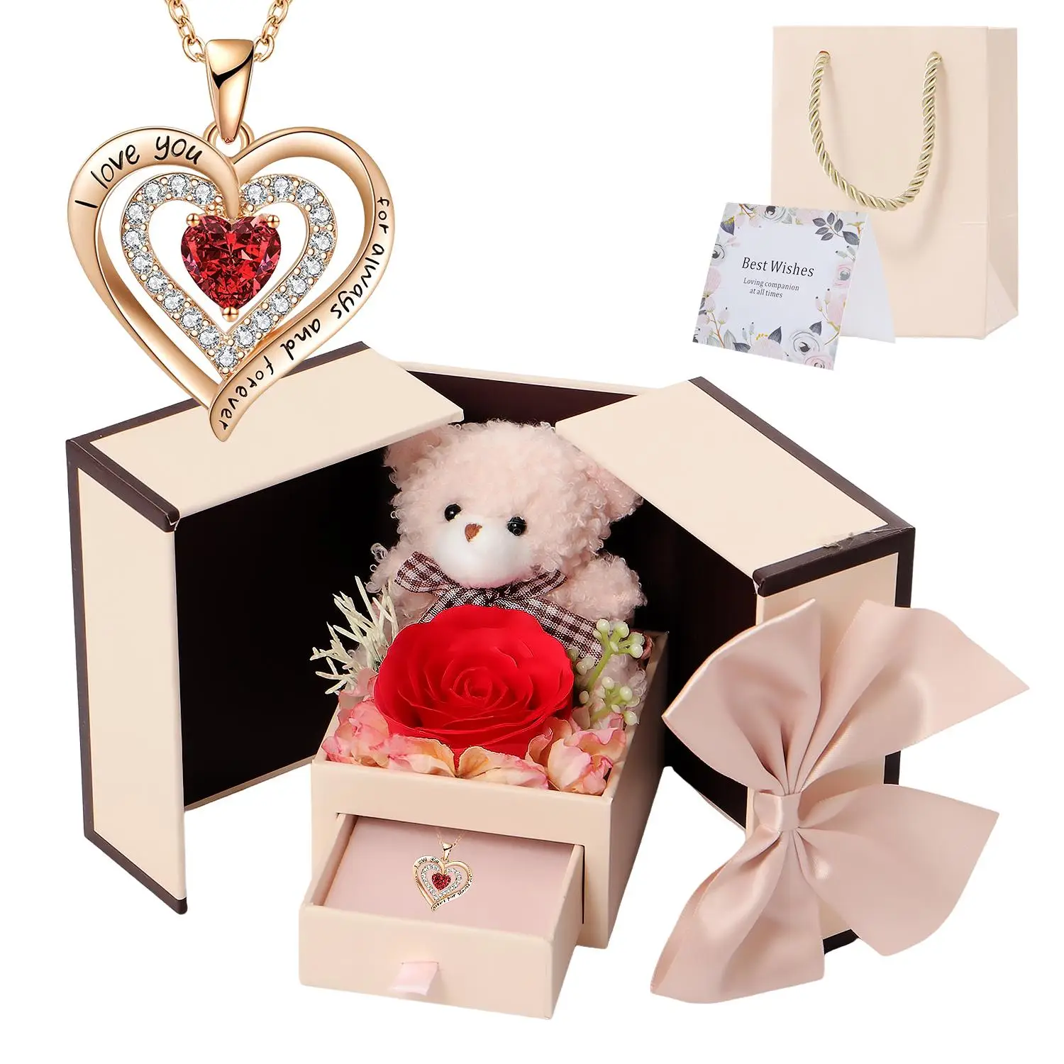 Creative Artificial Rose Bear Gift Box with Heart-shaped Pendant Necklace, Romantic Bracelet Gift Set with Gift Bag & Greeting Card for Birthdays, Ele