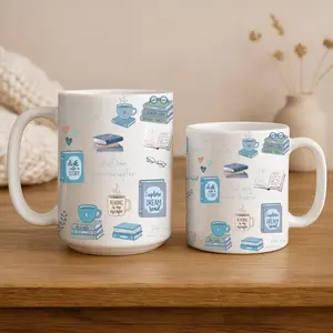 Bookworm Pattern Mug Muted Blue Reading Quotes Large 11oz 15oz Reading Mug