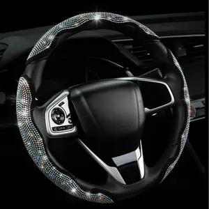 2026 New Product Women's Exclusive Diamond-Inlaid Car Steering Cover Three-Piece Set Segmented Diamond Protection Kit Compatible with All Non-Leather Steering s A Specially Designed Car Accessory for Women Universal Fit with Crystal Rhinestones Carbon Fib