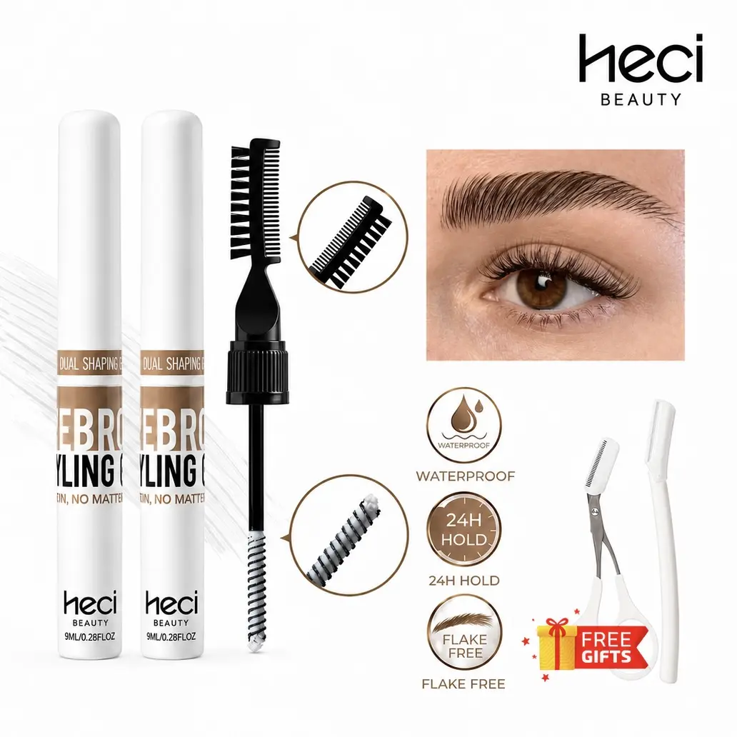 HECI 2-PCS Eyebrow Styling Gel - Strong Hold Waterproof, 2-in-1 Dual Brush, 24H Fluffy, Flake-Free & Non-Sticky, Long Lasting Enhancer, Cruelty Free Beauty Products, Gel Eyebrows, Definer Brow Makeup Products Brow Gel Duo Brow Definer Eyebrow Styling Kit