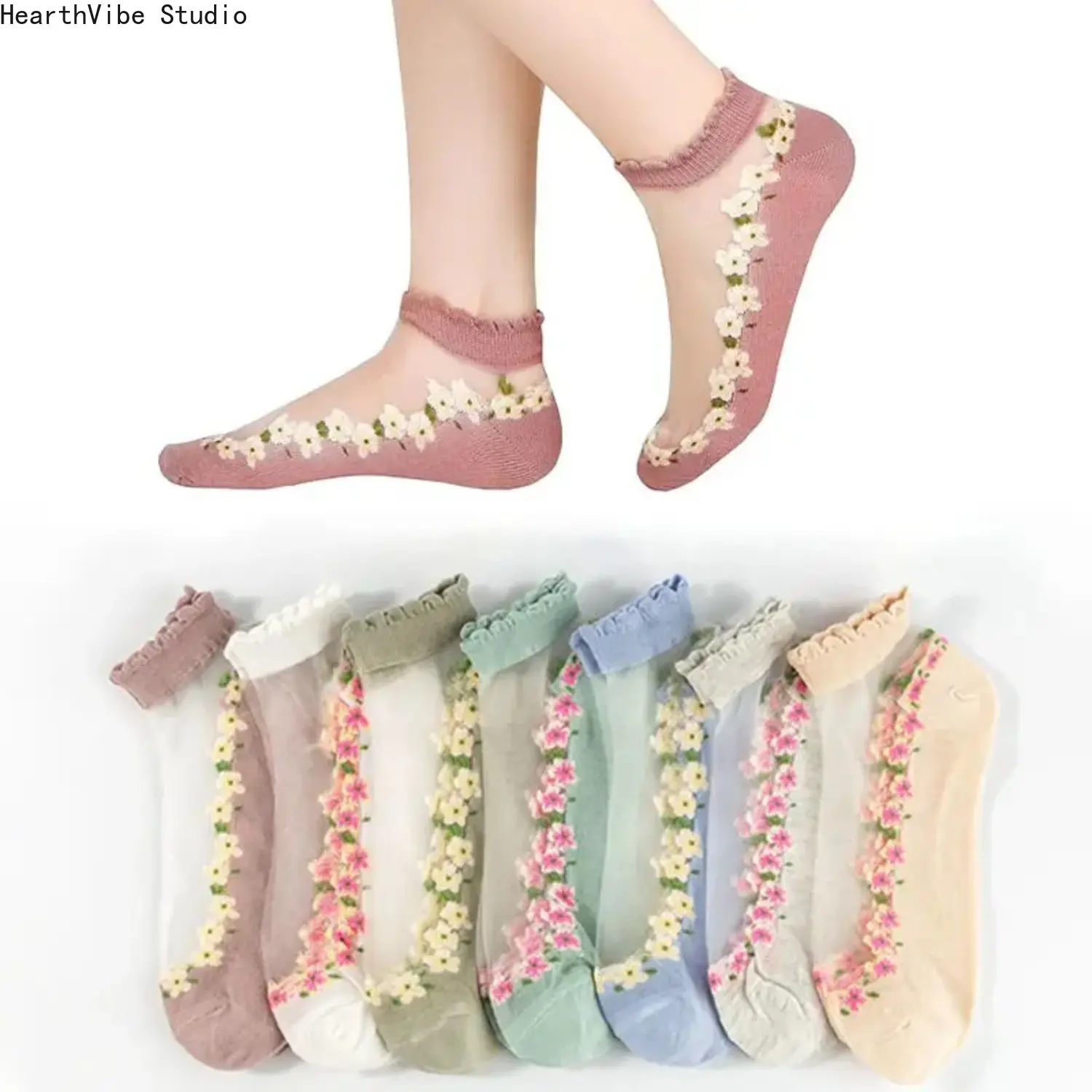 7 Pairs Womens Sheer Floral Mesh Ankle Socks, Thin Transparent Y2K Ruffle Lace Hosiery, Aesthetic Kawaii Breathable Sock Set, Elegant Crew Socks for Lolita Dress Summer Vibes & Daily Gift