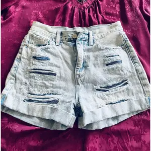 Cotton Denim Tattered Reloved Pink Lace Ruffle Embellishment Back Pockets Shorts S