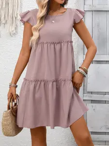 Boho Ruffle Sleeveless Dress, Pure Color Short Sleeve Design, Elegant & Comfortable Fit, Perfect for Casual Wear, Womenswear