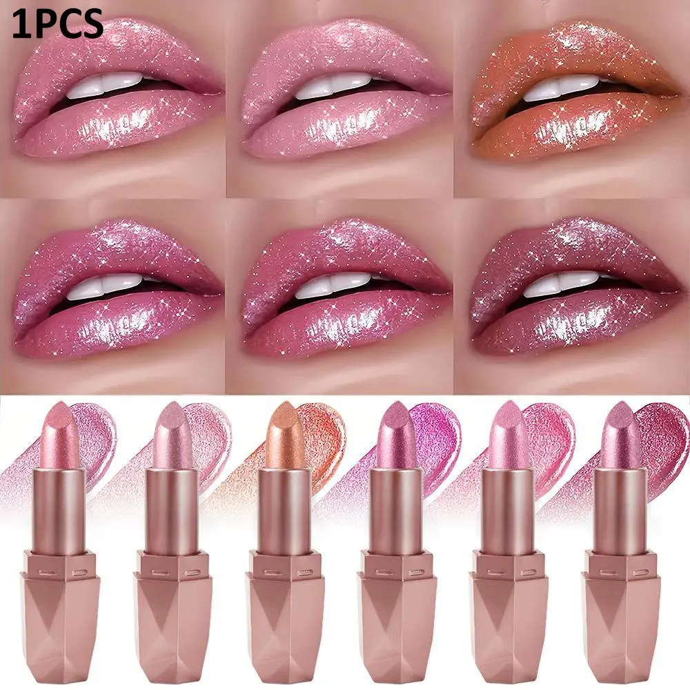6 Color Diamond Gold Lipstick, Shimmering Moisturizing Long-Lasting Balm, Metallic Glossy Lip Stain, Metal Lipstick Shining Glaze Lip Gloss