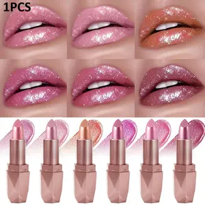 6 Color Diamond Gold Lipstick, Shimmering Moisturizing Long-Lasting Balm, Metallic Glossy Lip Stain, Metal Lipstick Shining Glaze Lip Gloss