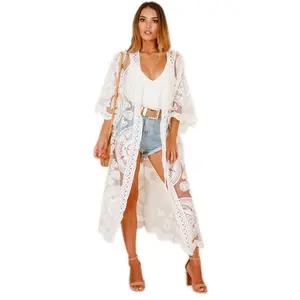 Loose Floral Lace Bikini Crochet Beach Cover-up Long Sun Protection Cardigan
