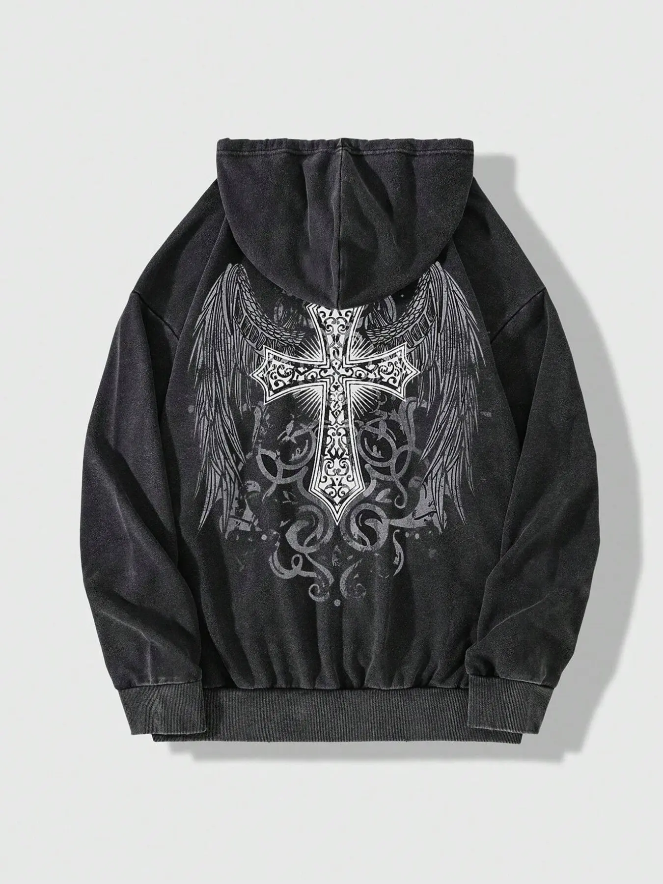 Men's Vintage Wash Goth Fitted Hooded Sweatshirt with Cross Wings Graphic Print, Soft Comfortable Fabric, Casual Streetwear for Daily Wear, Music Festivals and Alternative Theme Parties