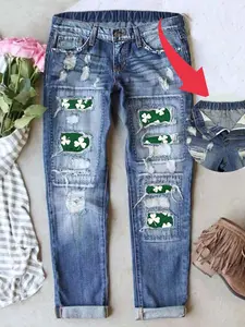 Women's Patch Ripped Distressed Mid-Waist Boyfriend Fit Washed Cute Print Loose Denim Jeans Elastic Waistband Breathable Comfy for All Seasons