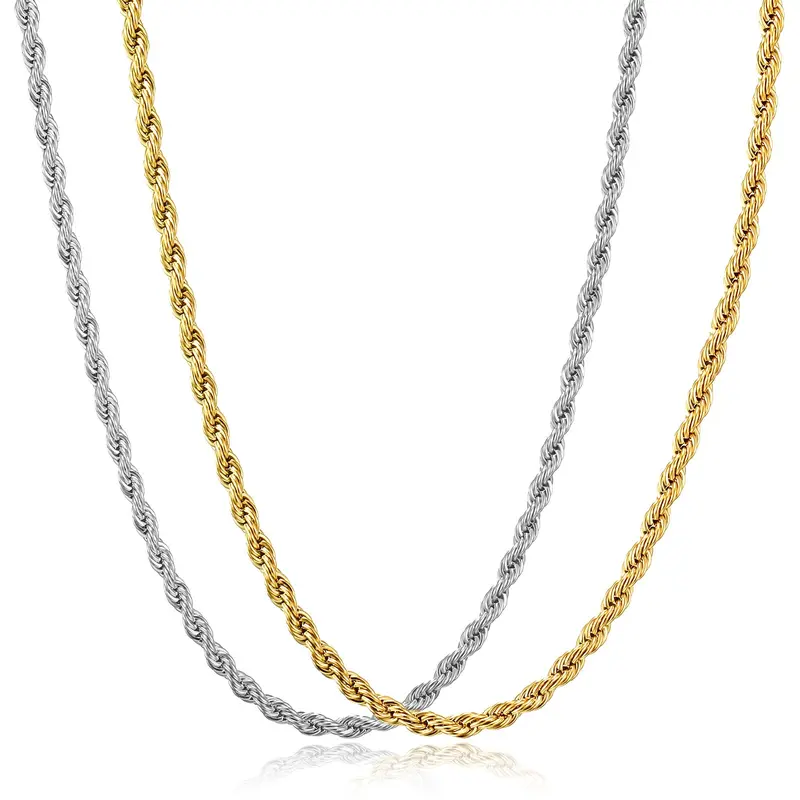 2 Pack Rope Chain for Men and Women, Stainless Steel Twist Rope Necklace for Women (Christmas Gift)