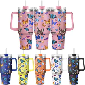 1pc, 40 oz Tumbler With Lid, Colorful Butterfly Funny Print 40oz Stainless Steel Water Bottle, Christmas Gifts, Thanksgiving Gifts, For Dad Son Women Mom Sisters Teacher Coworker Friend Brother