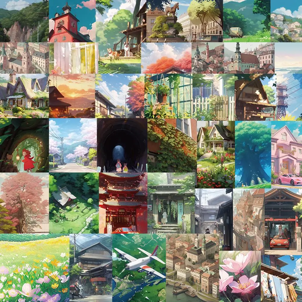 60pcs Assorted Pack PVC Anime Cartoon Street View Landscape Stickers - Adhesive Backing, Waterproof, UV Resistant Aesthetic Decals for Laptop, Smartphone, Kids' PS4