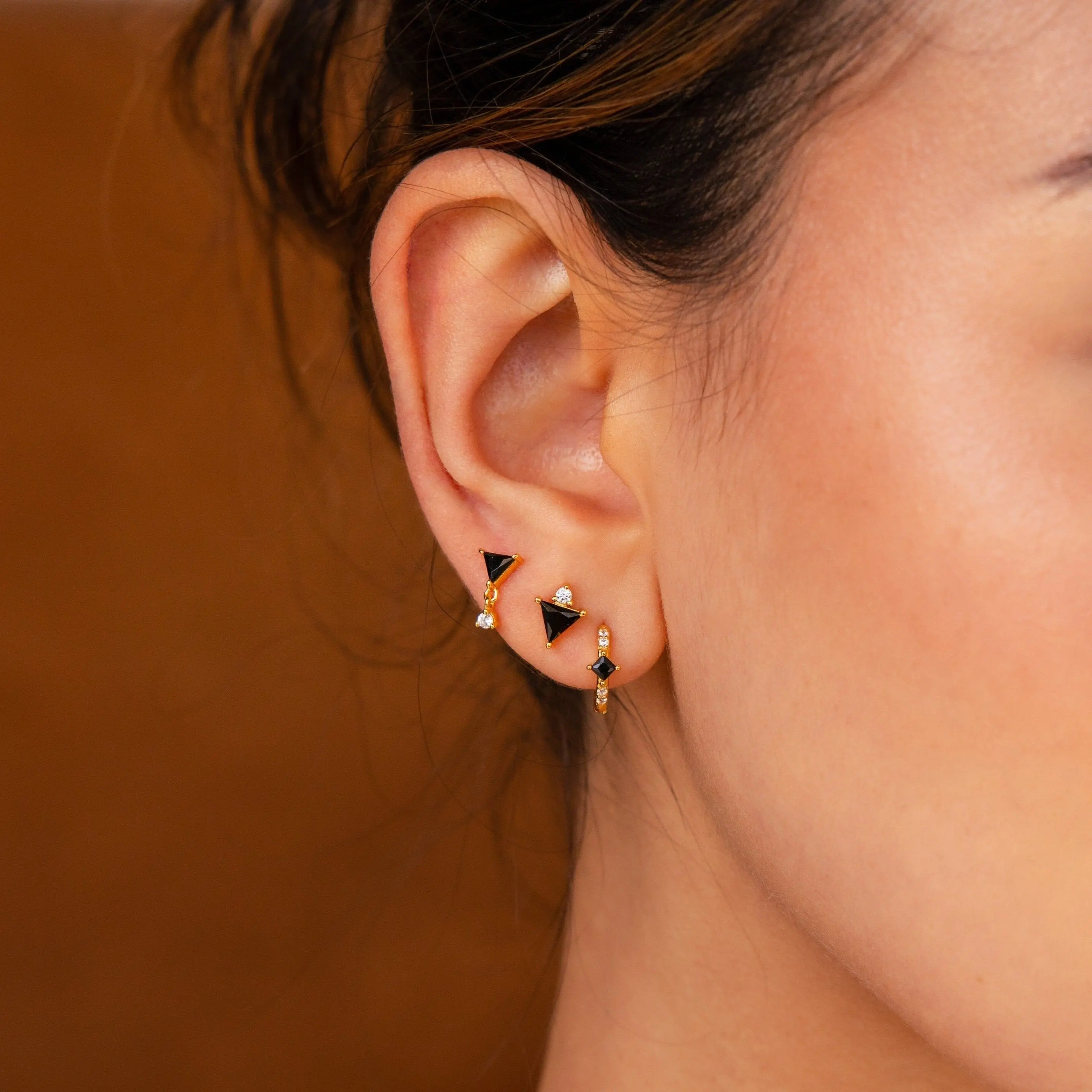 Black Art Deco Earrings Set by Caitlyn Minimalist - Geometric Diamond & Black Onyx Triangle Earrings - Set of 3: Pave Diamond Hoop, Stud Earring & Drop Earring - Gift for Her