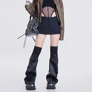 Trendy Gothic Baddie Leather Patchwork Leg Warmers Micro Flare Slimming Knee High Mid Long Stackable Socks Winter Stage Performance Techwear Boot Sleeves