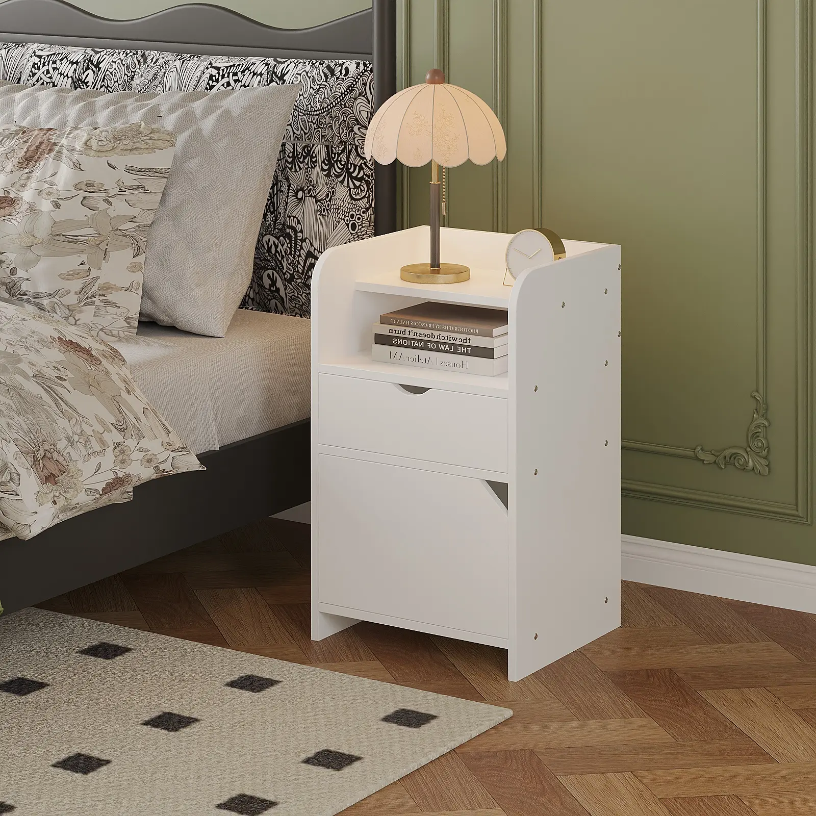 Small bedside table with drawers, 3-level storage space, Solid Wood bedside table, used for narrow bedside tables in offices and bedrooms, Simple Style Modern Bedside Table Nightstand For Bedroom