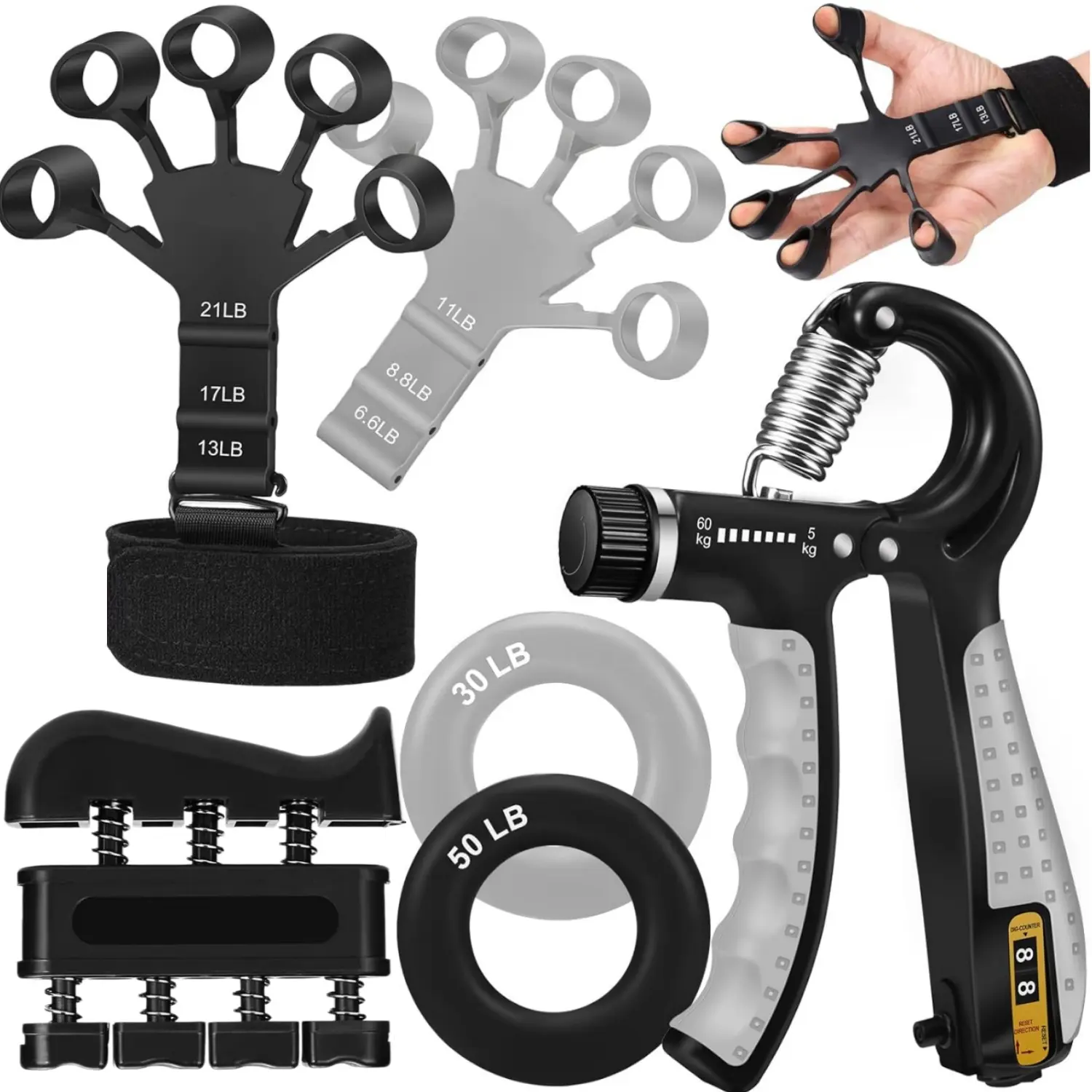 6 Pack Hand Grip Strength Training Set, Adjustable Counting Hand Gripper, Finger Extensor Stretcher, Spring Finger Trainer, 30LB 50LB Silicone Grip Rings, Portable Hand Forearm Workout Equipment for Climbers Musicians Gym Sports Office Daily Exercise