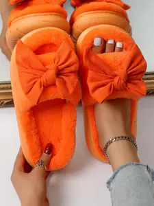 Cute Bowknot & Heart Design Plush Slippers As Gift, Trendy Soft Fuzzy Warm Slippers for Home, Novelty Bedroom & Kitchen Slippers, Girl Comfort Walking Shoes