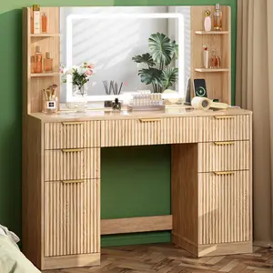 【SHIPS IN 2 BOXES】Fluted Vanity Desk with Mirror and Lights, Glass Top Makeup Vanity with 5 Drawers, 2 Cabinet & 6 Open Shelves, Power Outlet, Lighting Adjustable Dressing Table, for Bedroom, Natural Oak