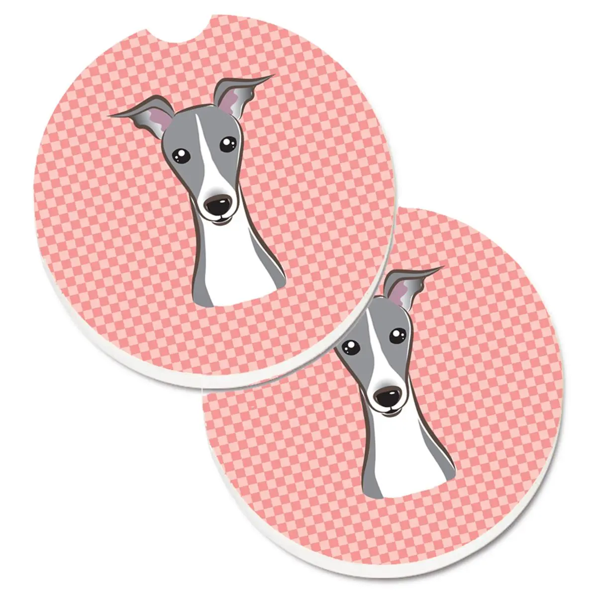 Checkerboard-Pattern Colorful Absorbent Sandstone Car Coaster Set of 2, 2.5"h x 0.25"w x 2.5"l, for Italian Greyhound Owners, Fits Car Cup Holders, Cut Out for Easy Removal, Keeps Water From Making Mess