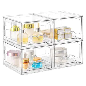 4-Piece Stackable Transparent Drawer Set, Acrylic Makeup Organizer with Handle and Non-Slip Pad, Space-Saving Desktop Storage for Vanity, Bathroom, Kitchen, Office
