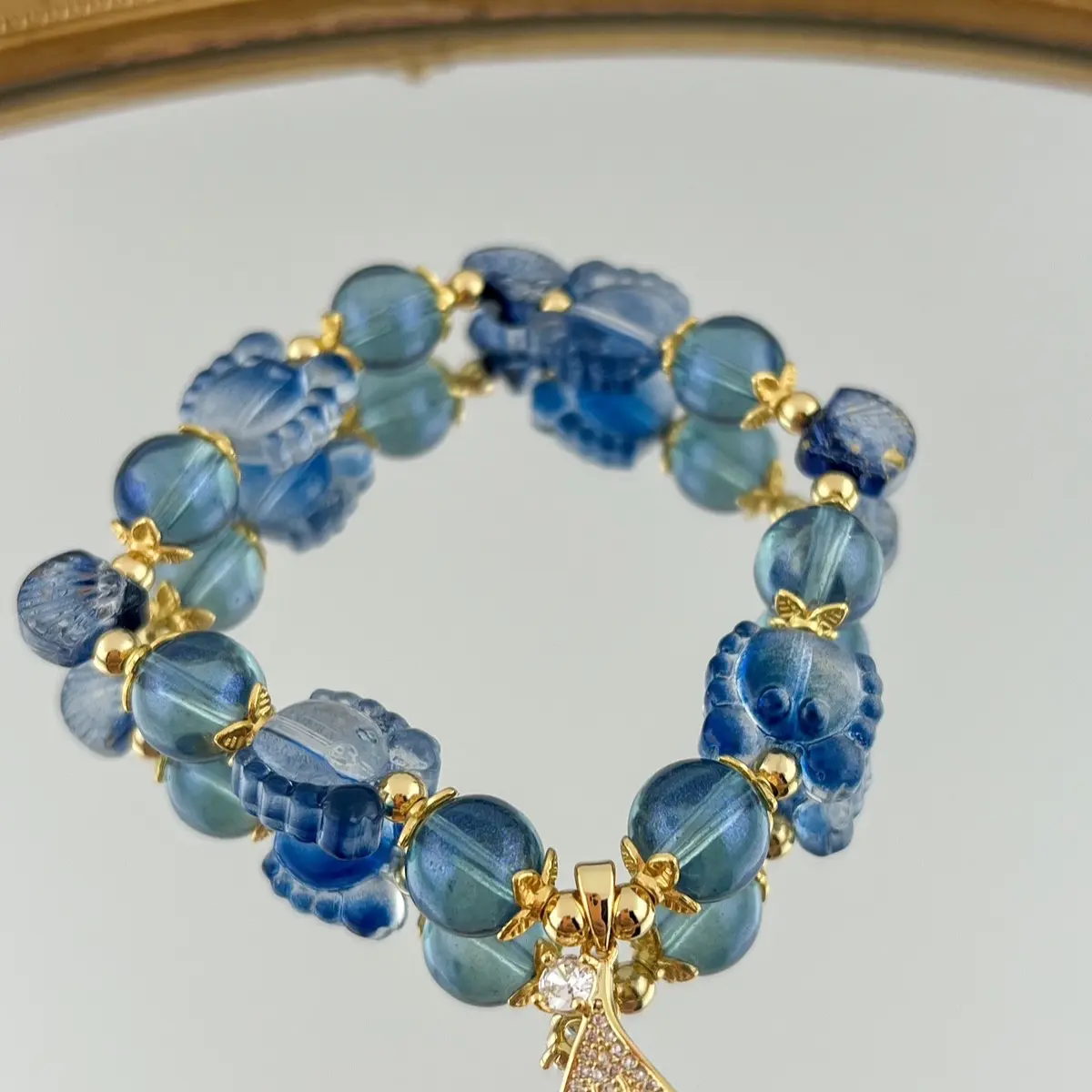 Sea ocean shell crab glass crystals beads bracelet, handmade elastic bracelet with fishtail pendant