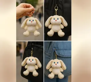 Adorable Plush Bunny Keychain Soft Fluffy Long Eared Rabbit Bag Charm Cute Stuffed Animal Accessory for Backpacks Handbags Purses Key Rings Car Mirrors Gifts Party Favors Aesthetic Decor Easter Basket Filler Kawaii Bunny Lover Must Have Blue Pink Cream
