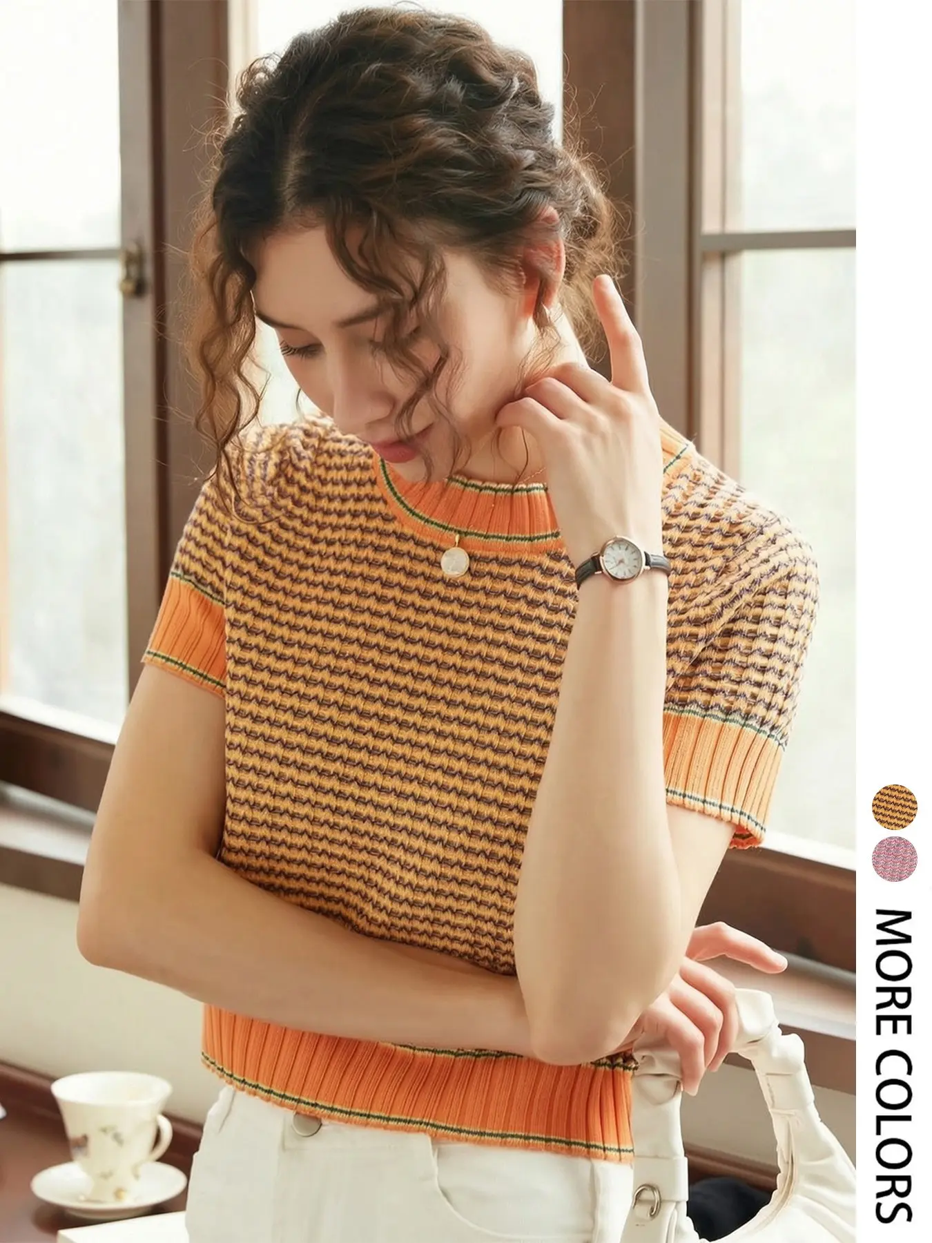 Elegant Women's Spring Summer Fashion Lady Womenswear Casual Fitted Knitwear Home Knitted Striped Round Neck Short Sleeve Sweater Pullover Tee Top Knit Sweater Shirt, Fashion Knit Clothing, Breathable Knitted