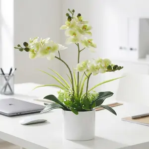 Real Touch Silk Phalaenopsis Orchid Artificial Flowers, 3 Stems Faux Orchid with Vase, Lifelike Large Fake Potted Flowers for Home Living Room Bedroom Office Tabletop Decor