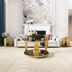 Round Glass Coffee Table Set of 3, Modern Luxury Coffee Table with Lower Shelf and Asymmetrical Metal Legs, 3 Piece Coffee Table and End Tables Set for Living Room, Black+Gold
