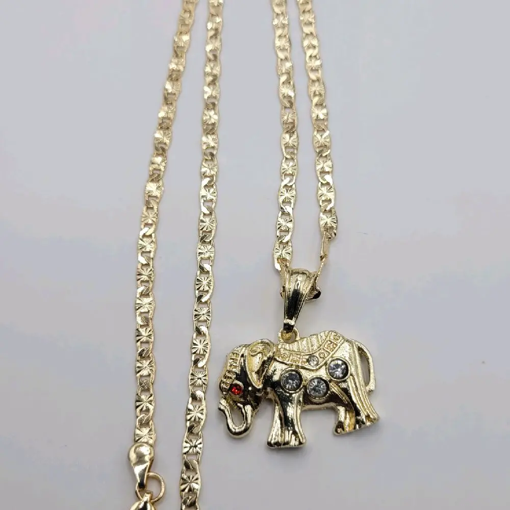 Elegant Elephant Pendant Necklace with Red Eyes Clear Stones Laminated Gold Chain 24 Inches 4mm wide Jewelry for Everyday Wear or Special Occasions