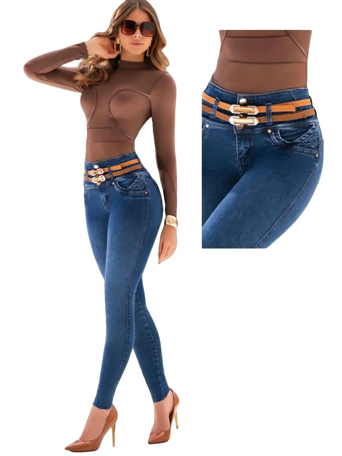 Jeans Ref: Zenobia, azul, tela confort de algodon stretch, efecto Pus-Up realzador, bolsillos, control abdomen pretina alto 4 botones, bota tubo, Ajuste moldeador.